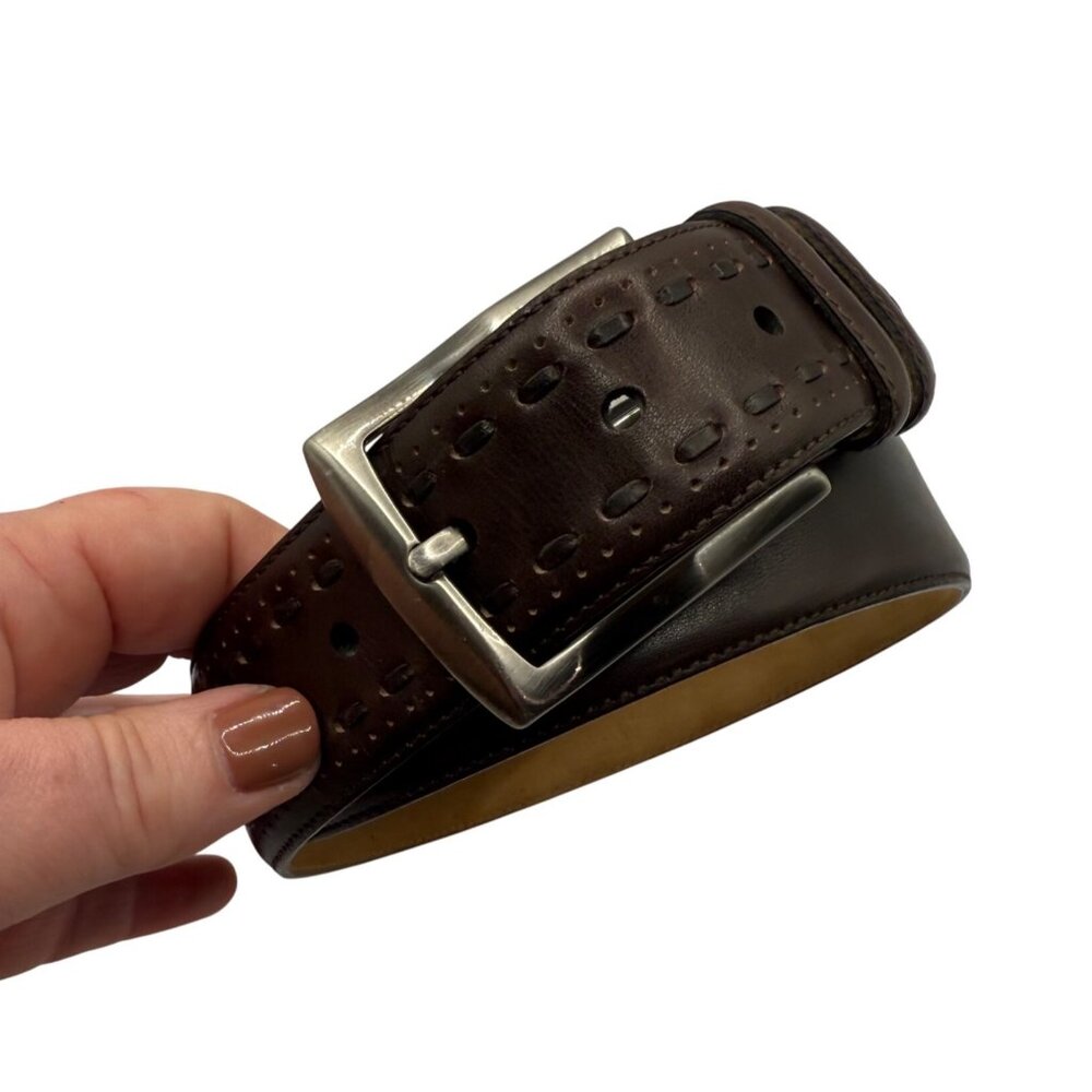 Mens Mezlan Dark Brown Leather Belt Pewter Tone Hardware‎ sz M 32 Spain
